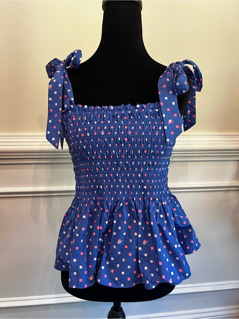 Lilly Pulitzer Blue Smocked Tie-Shoulder Peplum Top - Picture 1 of 5